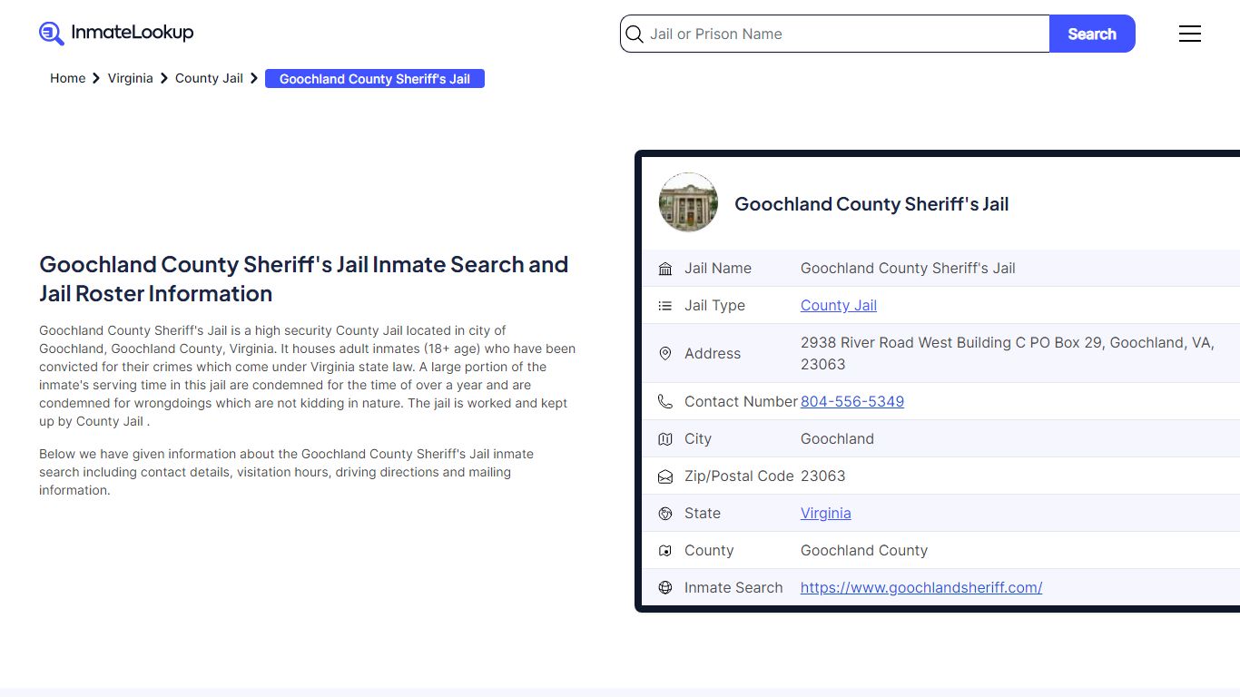 Goochland County Sheriff's Jail (VA) Inmate Search and Jail Roster ...